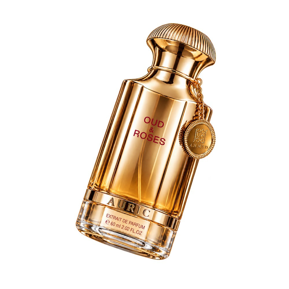 Ahmed Al Maghribi Oud & Roses Auric bottle, angled view