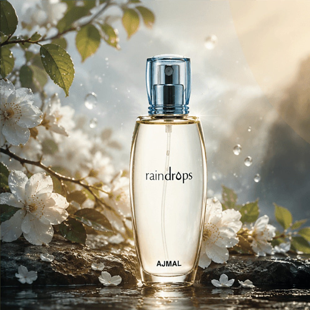 Ajmal Raindrops perfume with white blossoms