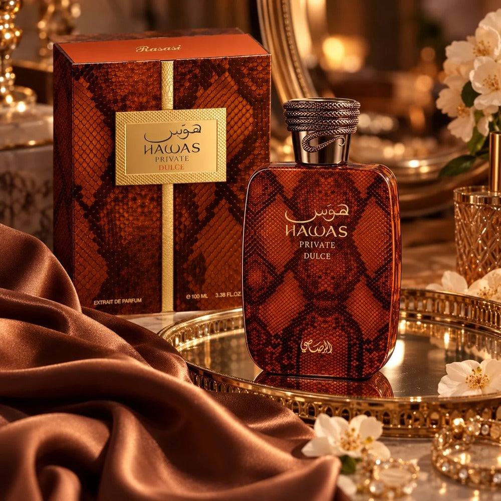 Rasasi Hawas Private Dulce on a golden tray with silk and flowers