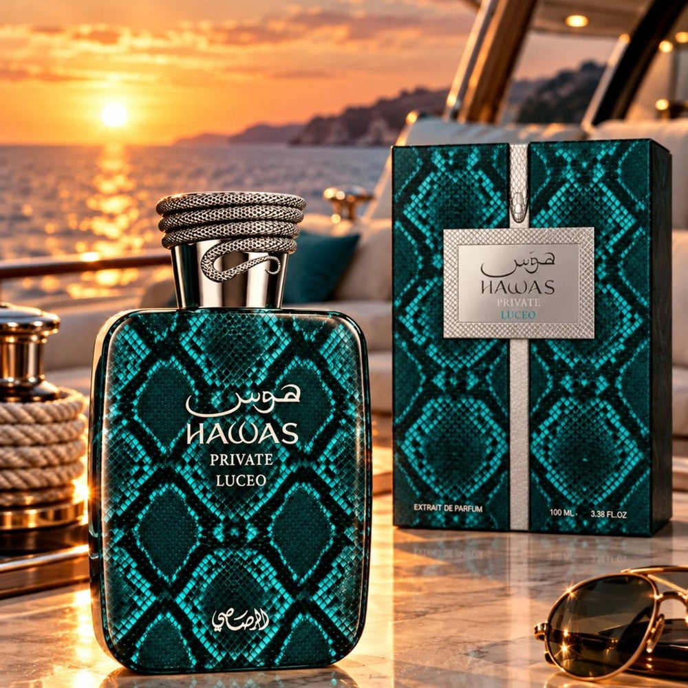 Rasasi Hawas Private Luceo on a yacht at sunset