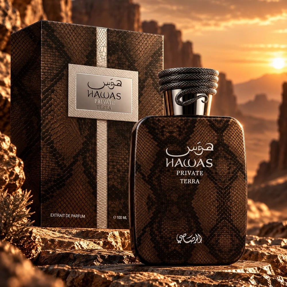 Rasasi Hawas Private Terra in a desert landscape at sunset