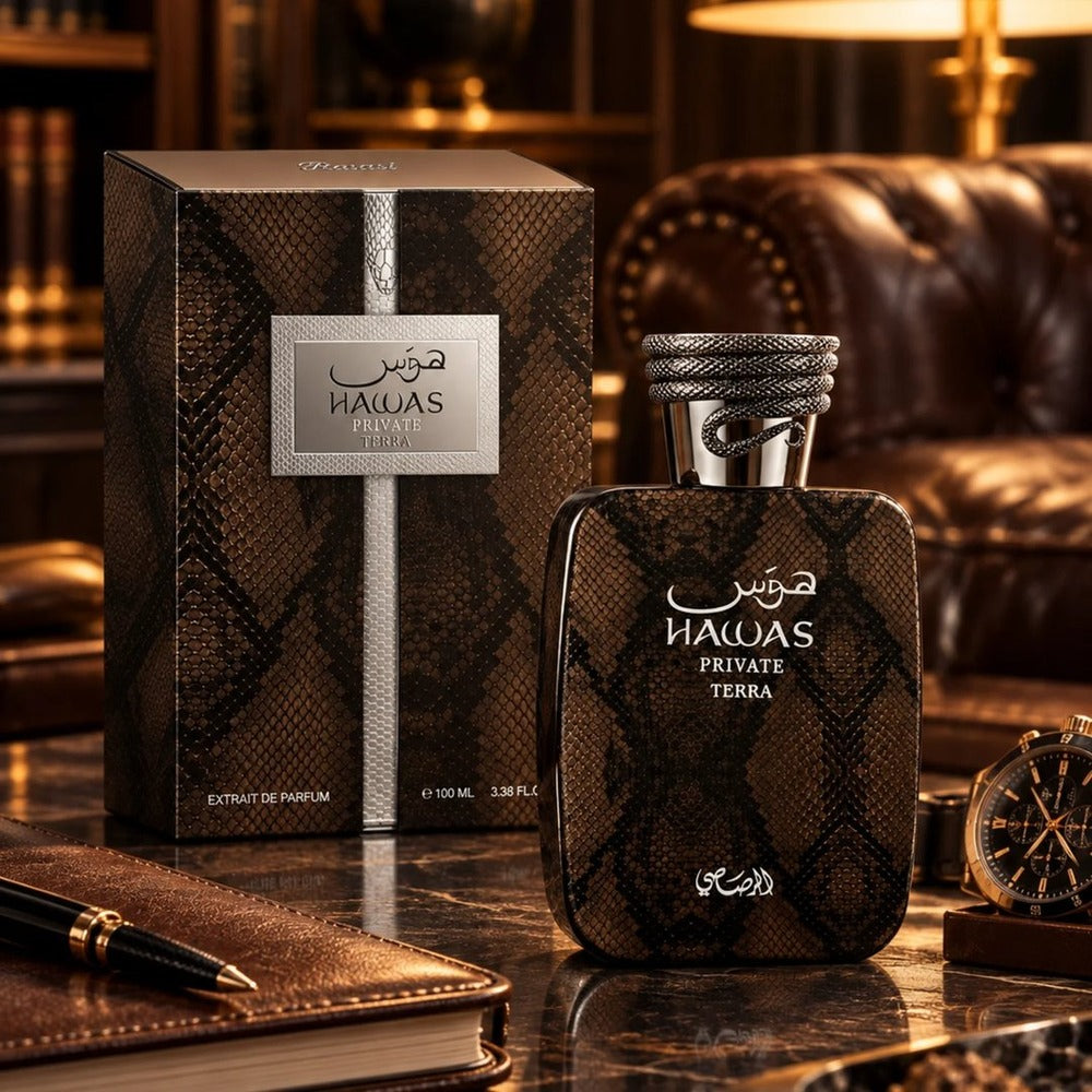Rasasi Hawas Private Terra on a leather desk